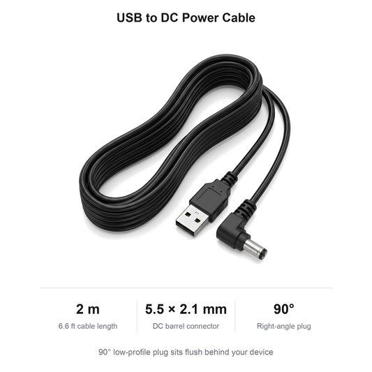 80" Power Cable for LED Stand, USB-A to DC Barrel Connector