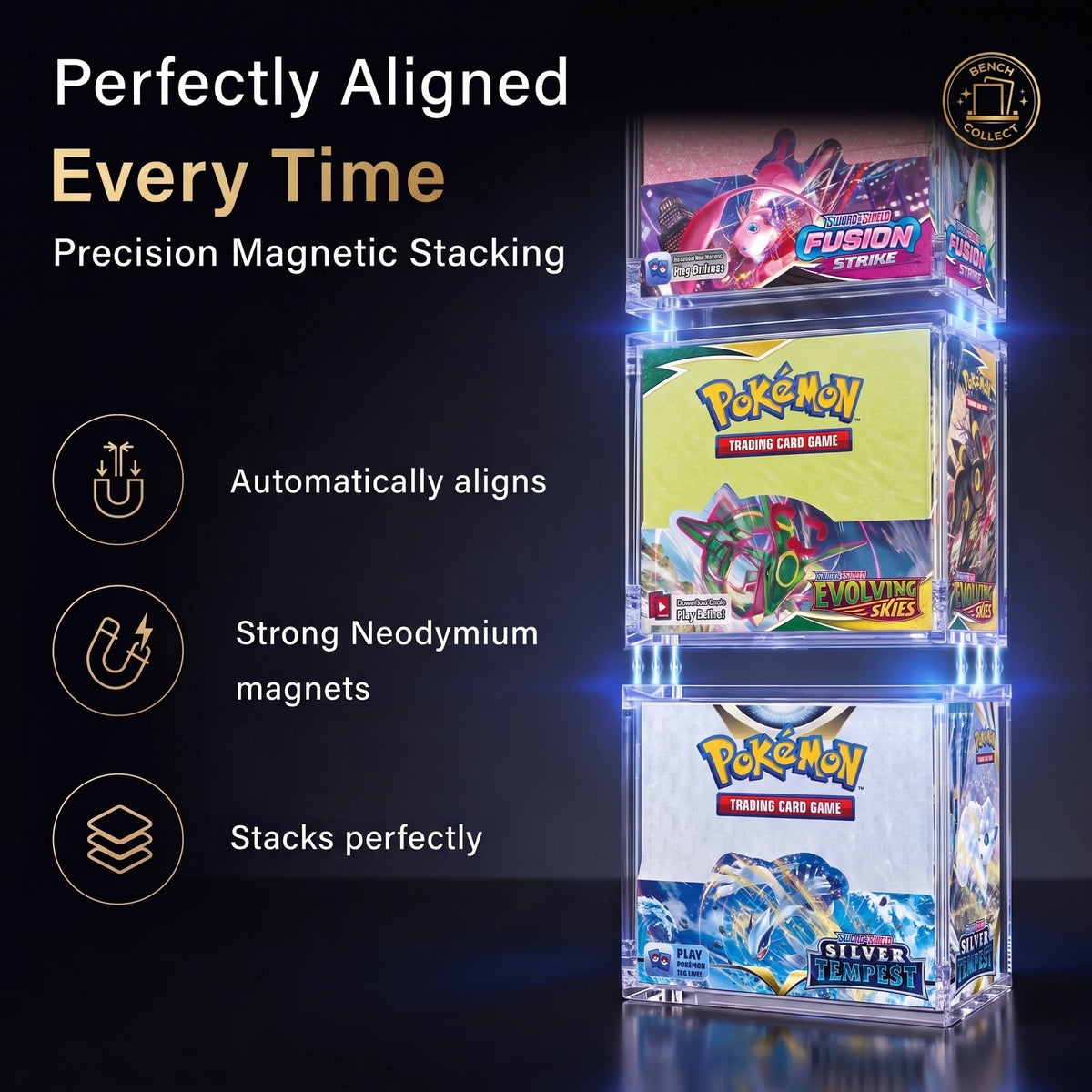 Three magnetic acrylic booster box cases stacked and auto-aligned with neodymium magnets