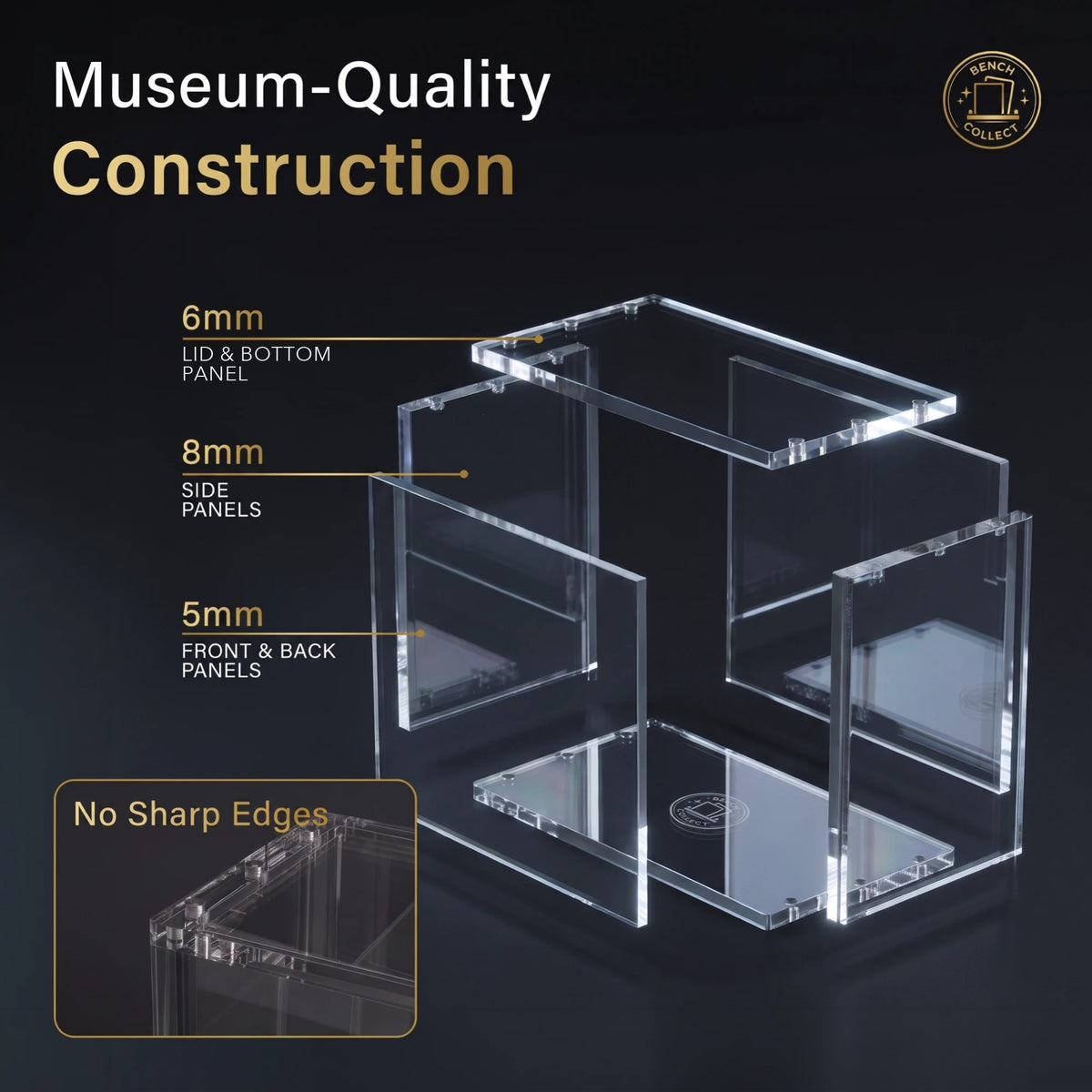 Exploded view of the thick acrylic booster box case panels with polished, no-sharp-edge corners
