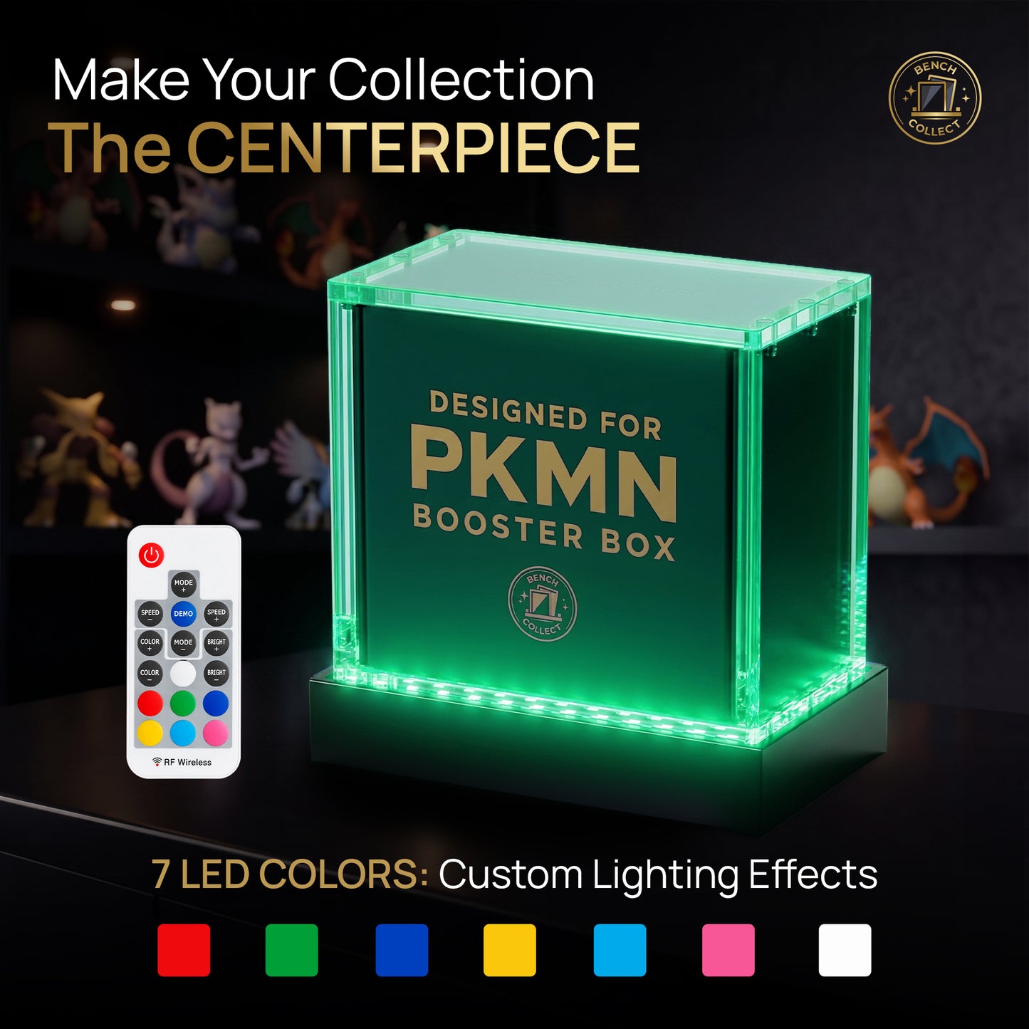 Bench Collect Pokemon Booster Box Display Case with LED Pedestal