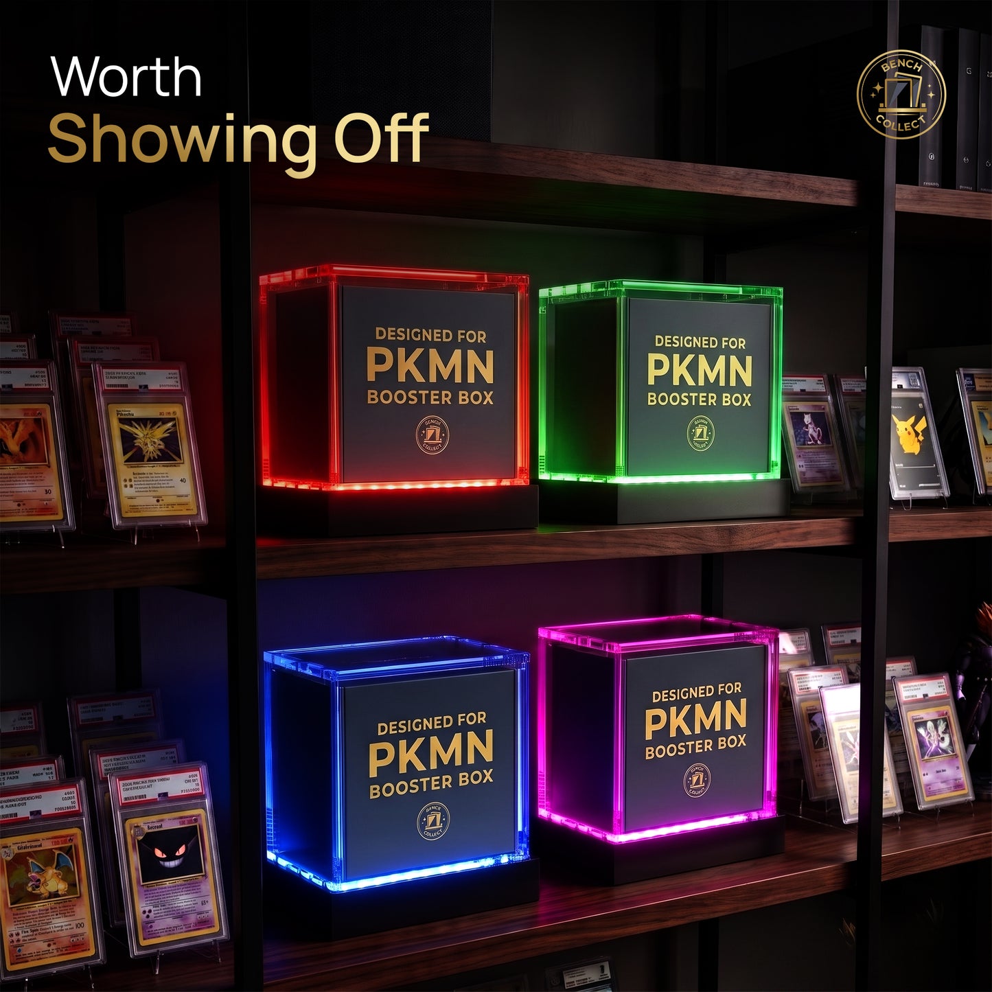 Bench Collect Pokemon Booster Box Display Case with LED Pedestal