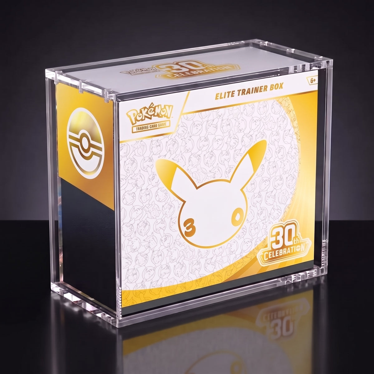 Bench Collect magnetic acrylic ETB case holding a sealed Pokémon 30th Celebration Elite Trainer Box
