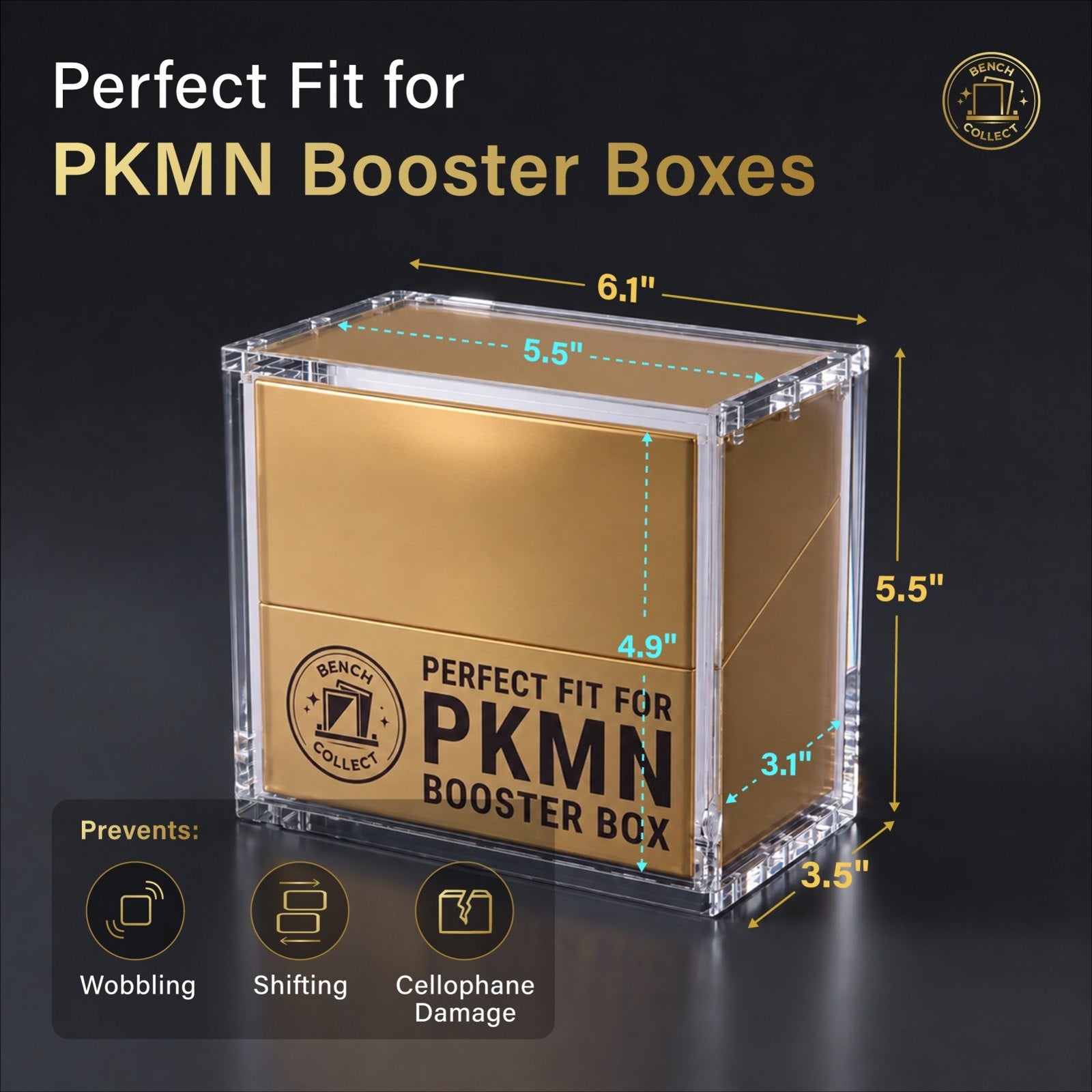 Dimension diagram of the Bench Collect magnetic booster box case: 6.1 x 5.5 x 3.5 in outside, fits English Pokémon booster boxes